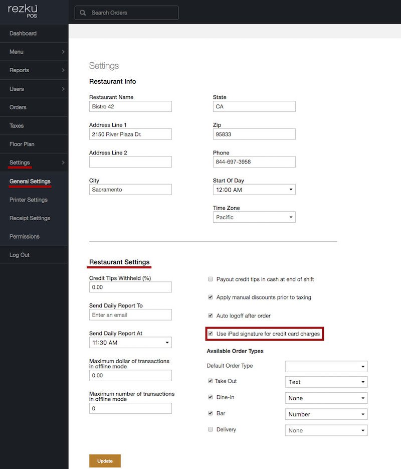 rezku pos restaurant settings