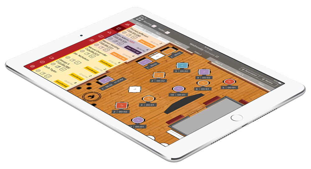 iPad tablet with Rezku Reservations floor plan screen